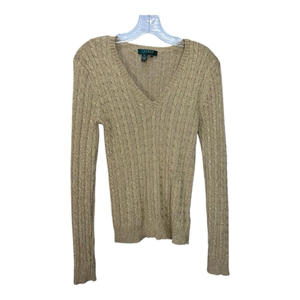 Lauren Ralph Lauren Metallic Gold Foil Cable Knit Pullover Sweater V Neck Medium